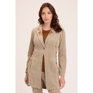 XCVI Wordsworth Corduroy Jacket Size M Beige Floral Embroidered Long Coat Boho